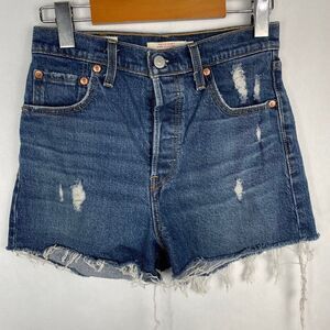 Levis  Ribcage High Rise Distressed Rip Cut Off Jean Shorts  Medium Wash Size 26